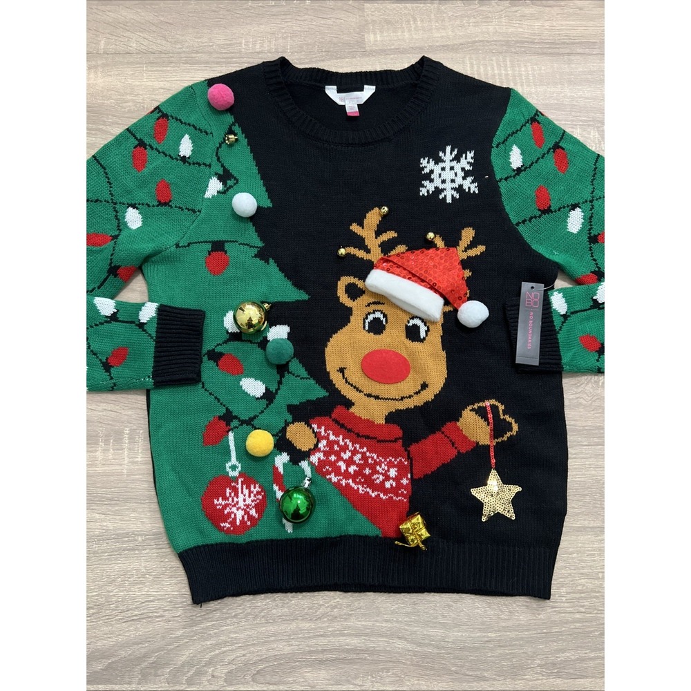 NoBo Christmas Reindeer‎ Jingle Bells 3D Ornaments Lights Sweater Sz LG JUNIOR